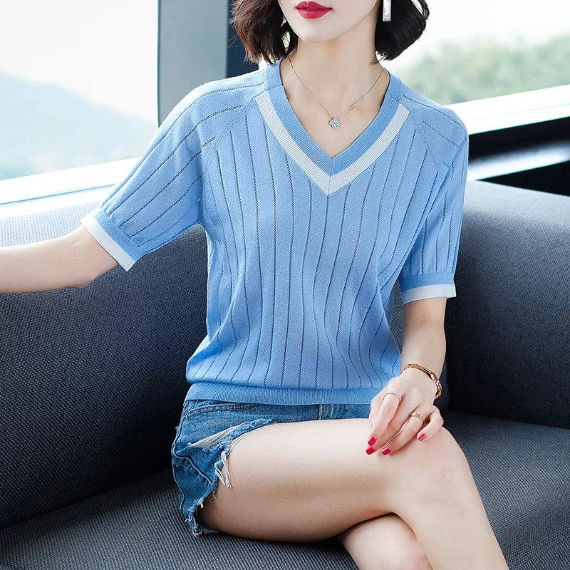 

Summer Striped Knitted Bottoming T-shirt Female Short Sleeve V-neck T-shirts Clothes Ladies Slim Casual Fashion Tops Tees H9277