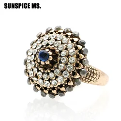 SUNSPICE MS. Luxury Turkish Full Rhinestone Ring Vintage Crystal Antique Rings For Women Gold Color Wedding Gift Indian Jewelry