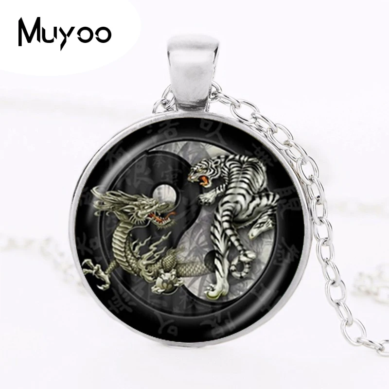 Yin Yang Dragon Pendant Chinese Eight Diagrams Necklace Astrology Zodiac Jewelery Tai  Pendant for Him Glass Cabochon Choker HZ1