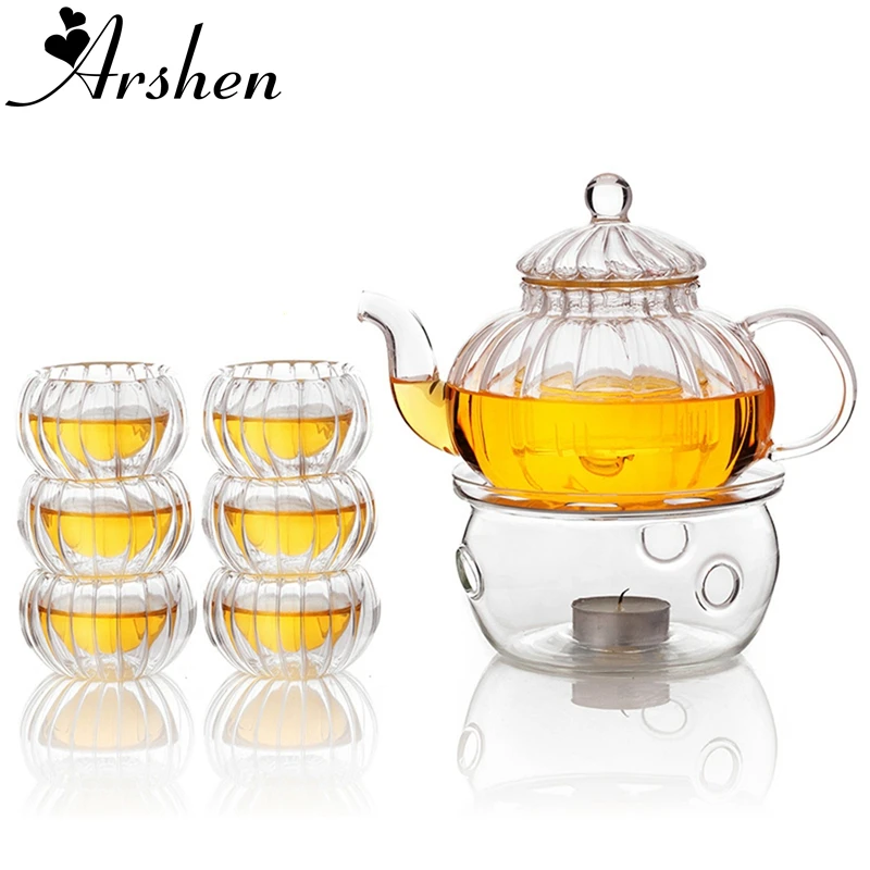 Arshen Pumpkin Shape Teaware Set Heat-Resistant Glass 600ML Teapot Set Infuser Teapot with Warmer and 6 Pcs Double Wall Tea Cups