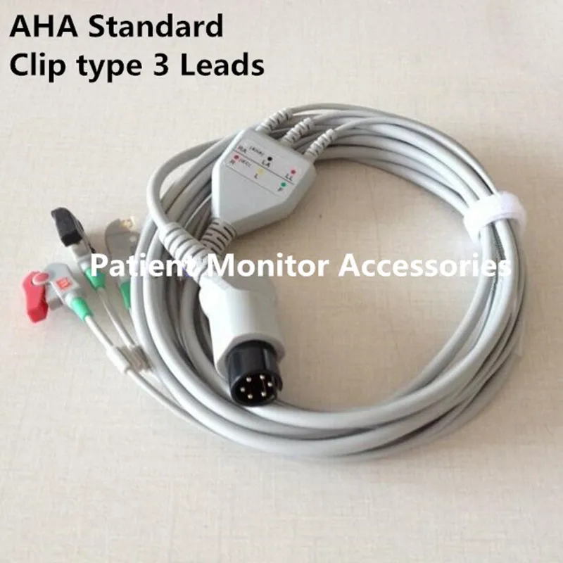 Free Shipping Generic AAMI 6 Pins One-piece 3 LeadS ECG Monitor Cable Clips For Monitor Mindray PM7000/8000/9000  AHA .TPU 3.6M