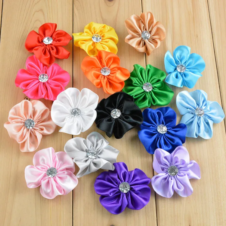 100 pcs/lot , 2.1 inch DIY Satin Ribbon Flowers with rhinestone center