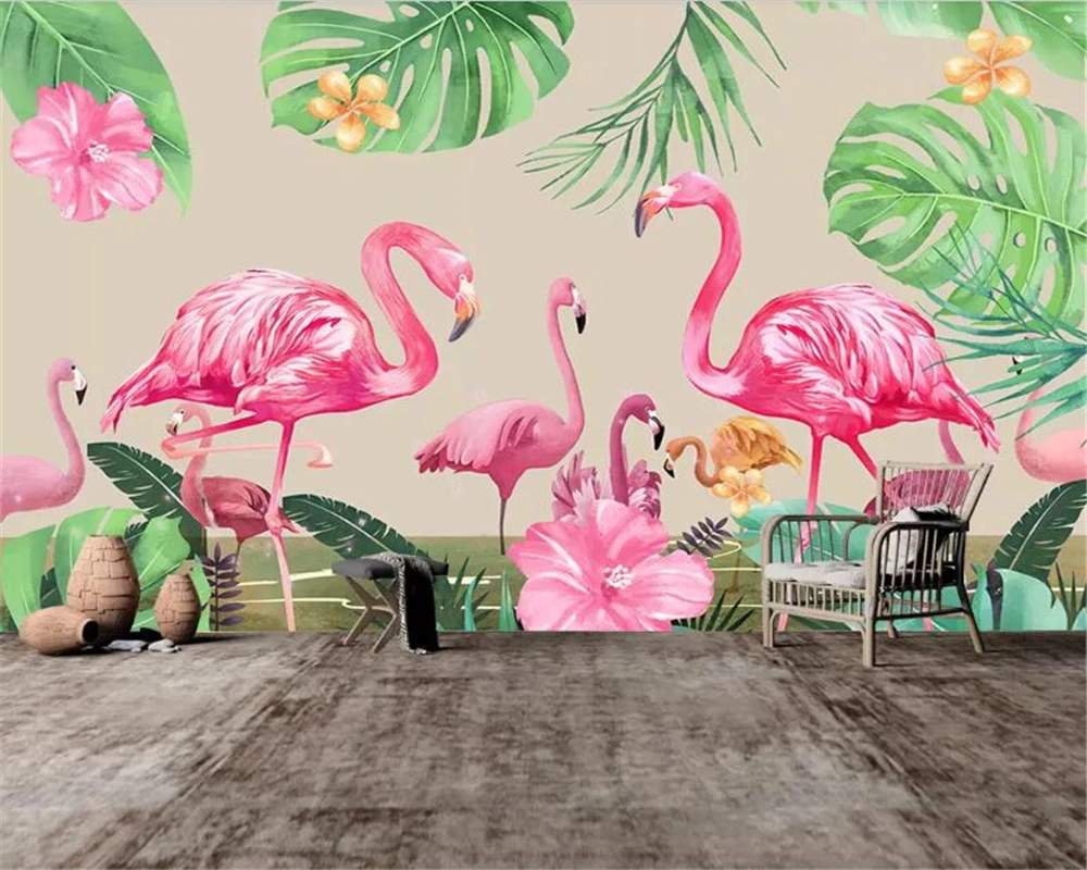 

beibehang Custom 3d wallpaper Hand Painted watercolor Southeast Asia green plant flower flamingo child room bedroom 3d wallpaper