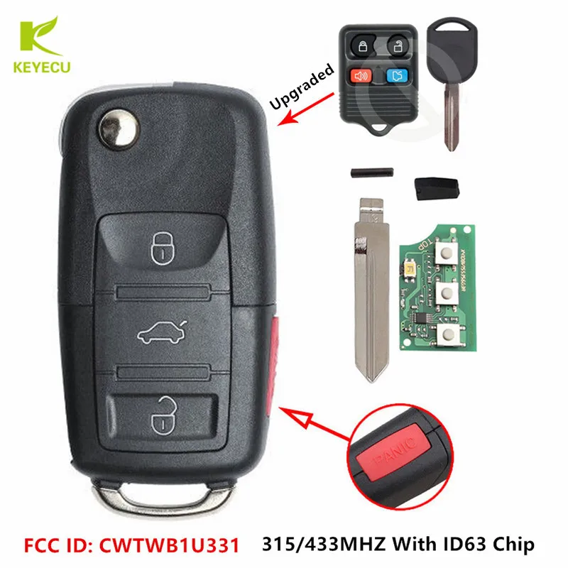 KEYECU Upgraded Flip Remote Key Fob 4Button 315MHZ 4D63 OR 4D60 80Bit Chip for Ford F250 F350 Escape Exursion Mustang CWTWB1U331