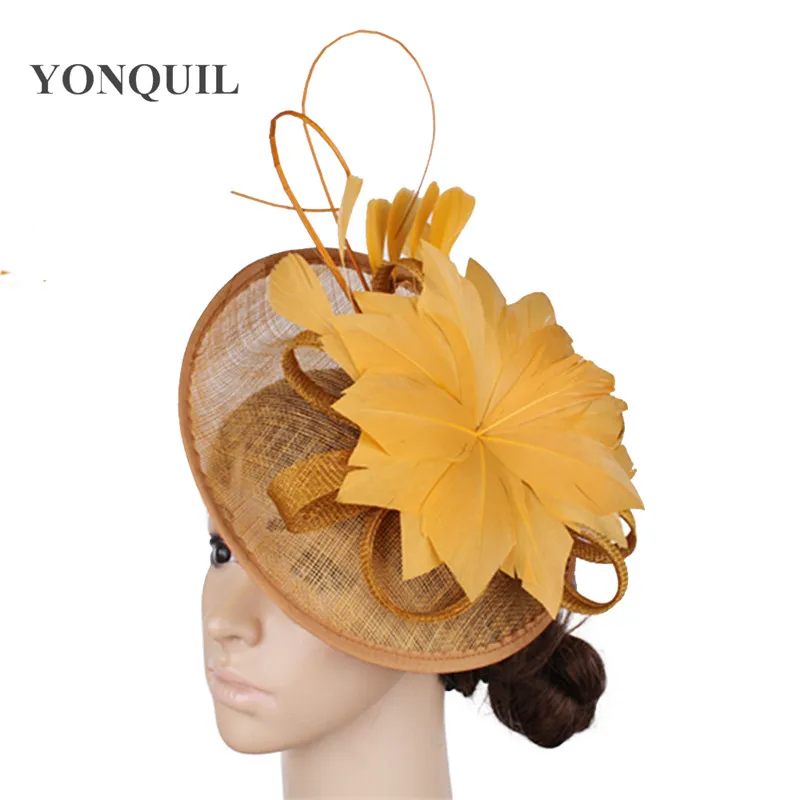 

Vintage Gold Cocktail Tea Party Derby Church Hats Ladies Feather Hat For Weddings Pillbox Fascinator Sinamay Event Fedoras Clips