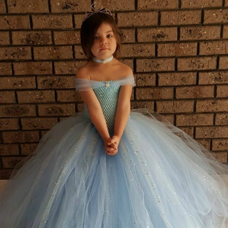 Glittery Light Blue Tulle Girls Party Tutu Dress Stunning Blue Glittery Ball Gown Kids Girls Dress Flower Girl Dress for Wedding