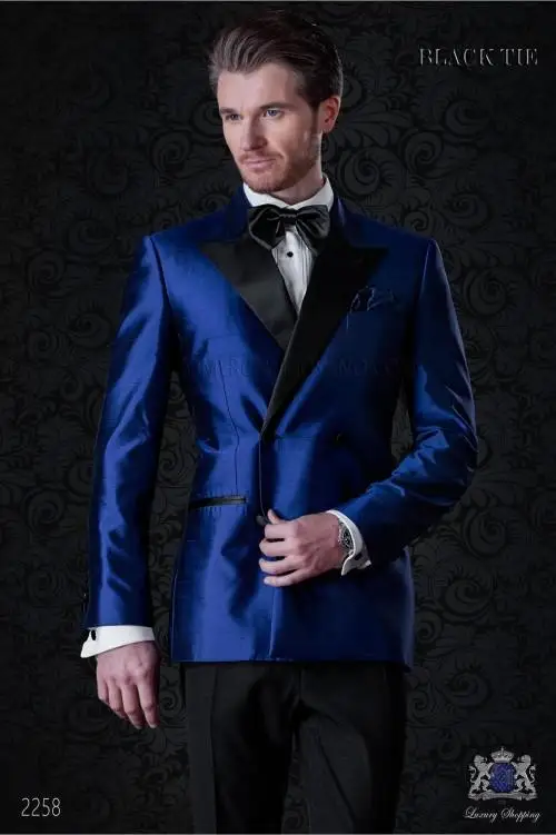 

Fashionable Double Breasted Shiny Blue Groom Tuxedos Peak Lapel Groomsmen Men Blazers Suits (Jacket+Pants+Tie) NO:362
