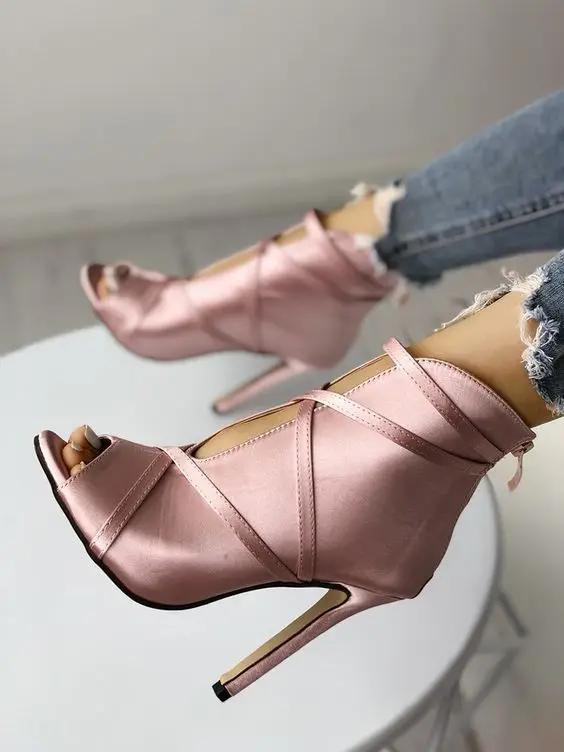 Sexy Open Toe Bandage Cross-tied Silk Woman Ankle Boots Classics High Heeled Red Pink Banquet Dress Shoes Summer Zipper Shoes