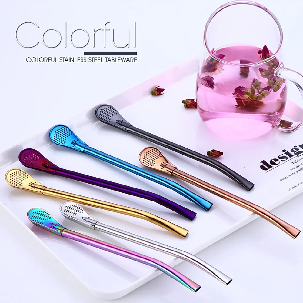 2Pcs Metal Straw Stainless Steel Drinking Tea Mate Straw Gourd Bombilla Filter Spoon Filter Pipette Kitchen Bar Accessories