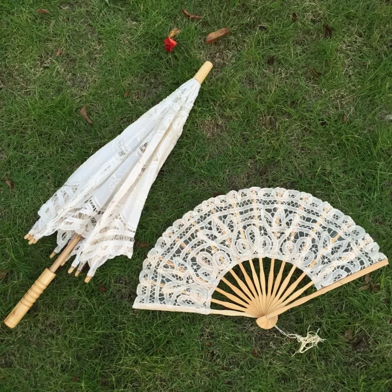 New Vintage Lace Umbrella & Ventilatore Del Merletto Fatto A Mano Bianco e beige Battenburg Del Parasole Del Merletto Ombrello Da Sposa ombrello