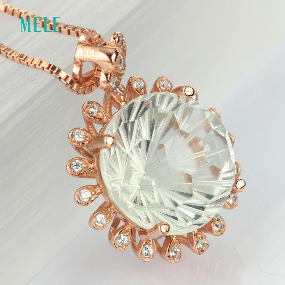 MELE Natural green crystal silver pendant, round 12mm,light green color, firework cutting craftsman, brilliant quality