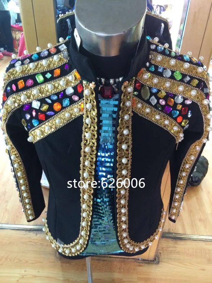 High Quality Men\'s Handmade Beads Diamond Royal Jacket Costumes Party Stage Show Outfits Club bar Singer DJ Performance Coat