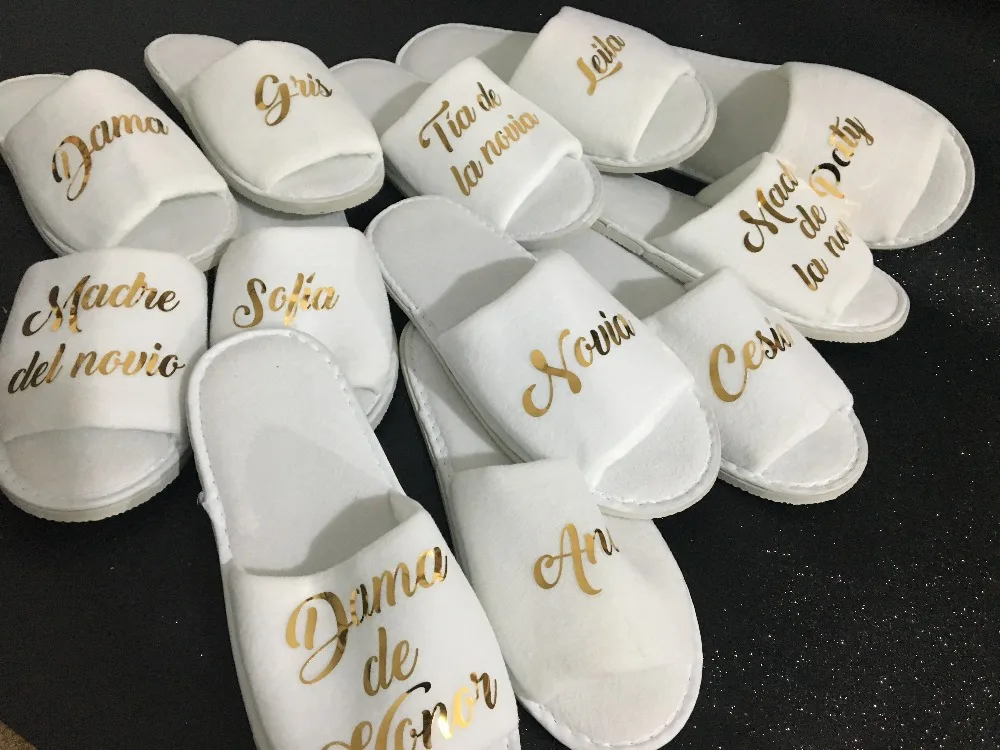 custom language French Spanish wedding bridesmaid bride spa slippers Matron of honor Flower Girl night Bachelorette party favors