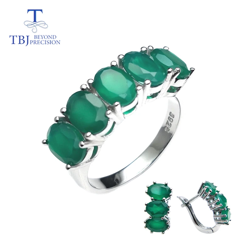 TBJ,natural green agate jewelry set ring earring  925 sterling silver fine natural gemstone jewelry for women mom nice gift