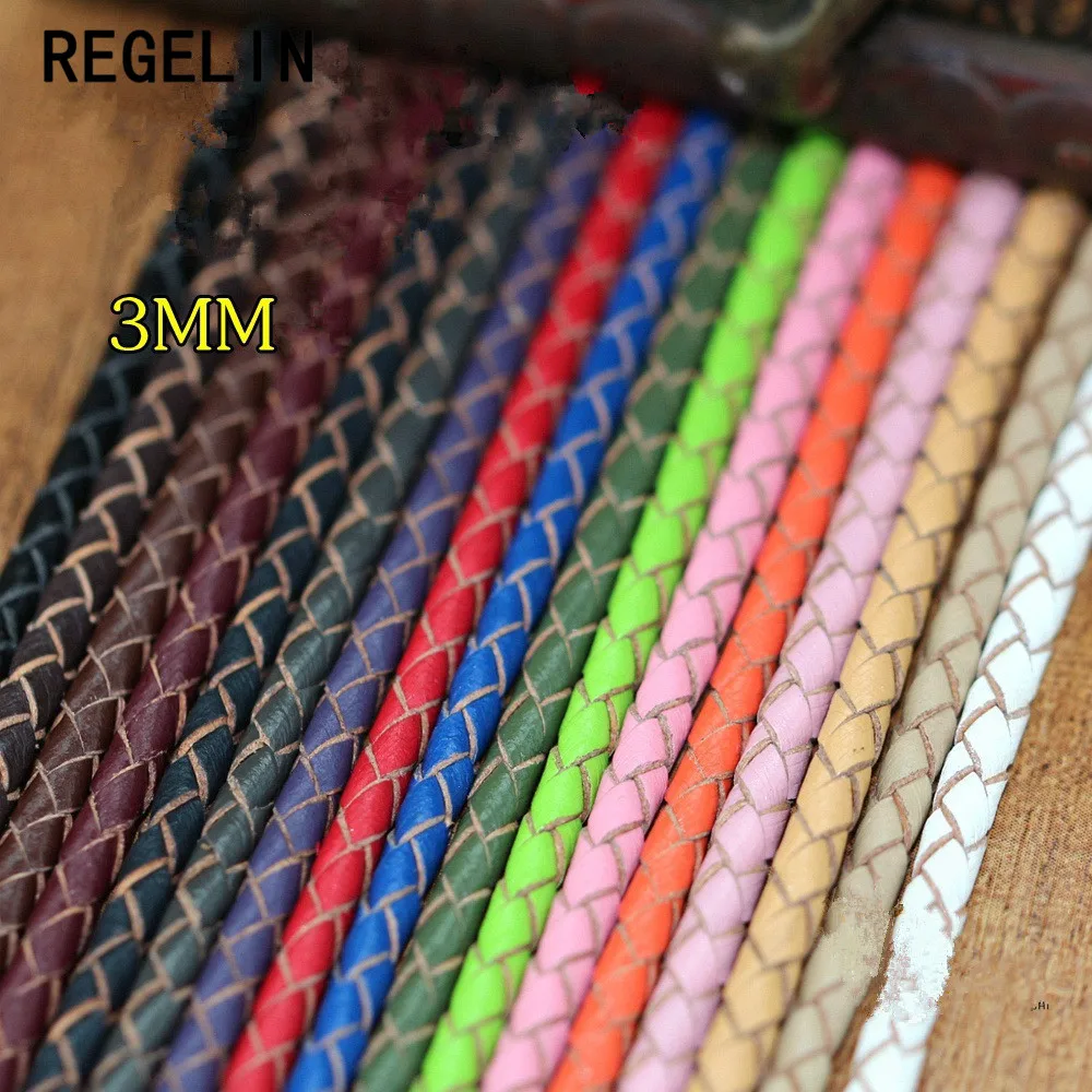 REGELIN 2Meter MuiltColor 3mm Round Genuine Braided Leather Jewelry Cord Cow leather Rope DIY Fashion Necklace Bracelet Findings