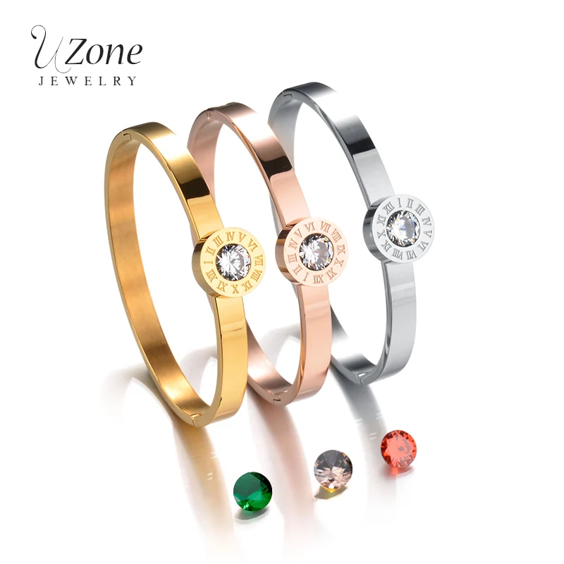 UZone Fashion Roman Number Bangle Gold Color Stainless Steel Replaceable Stone Bracelets For Women Wedding Party Gift