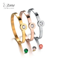 UZone Fashion Roman Number Bangle Gold Color Stainless Steel Replaceable Stone Bracelets For Women Wedding Party Gift