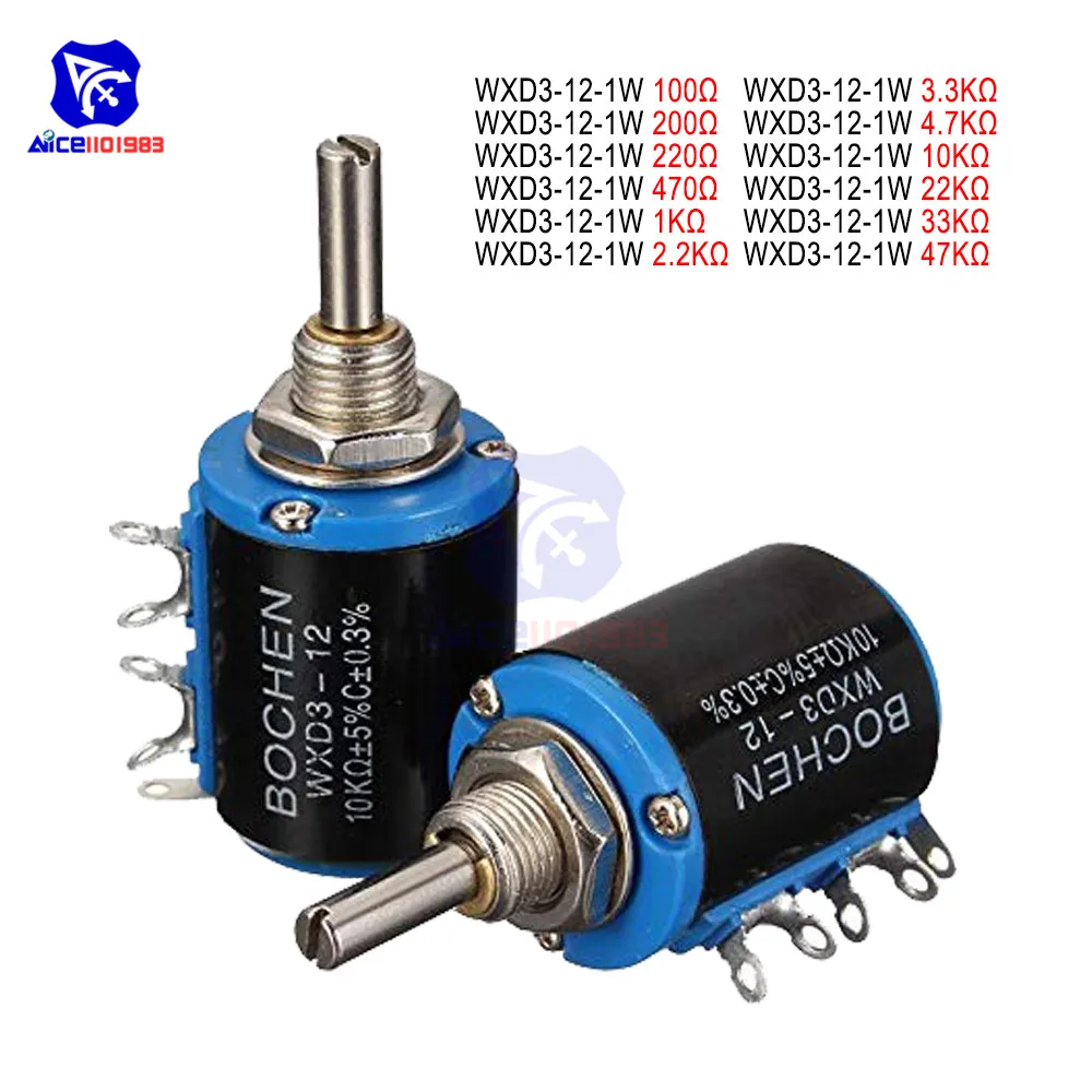 WXD3-12-1W Wirewound Potentiometer Resistance 100R 200R 470R 1K 2.2K 4.7K 10K 22K 47KΩ Ohm 5 Turns Linear Rotary Potentiometer