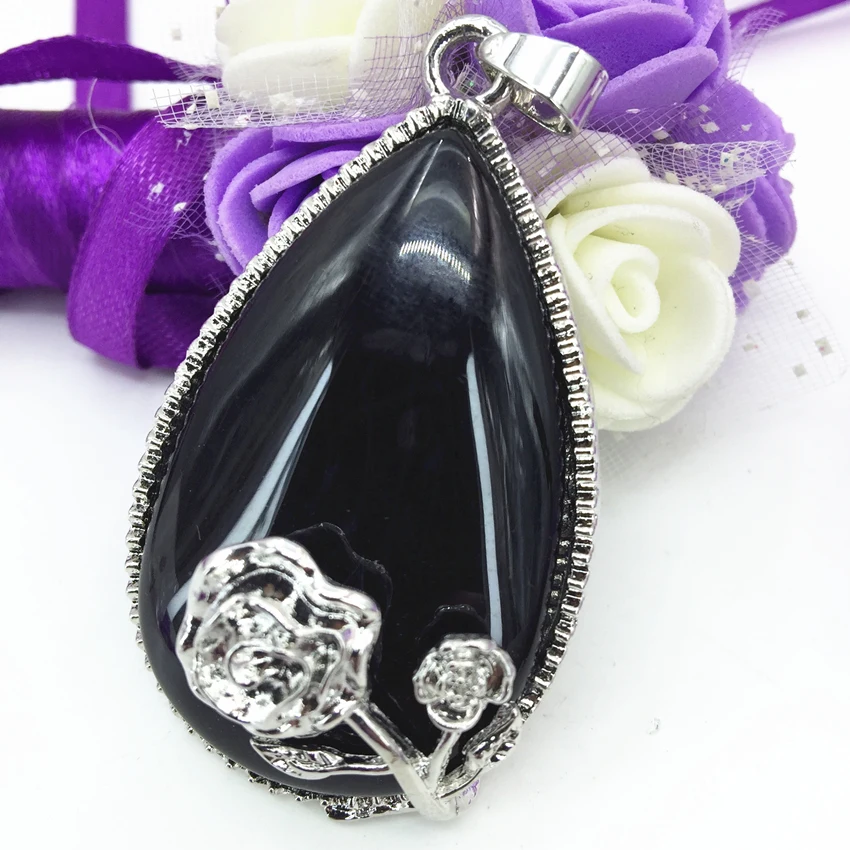 

High quality black stone carnelian agat teardrop pendant 32*49mm silver-color flower wire winding women charms jewelry B3078