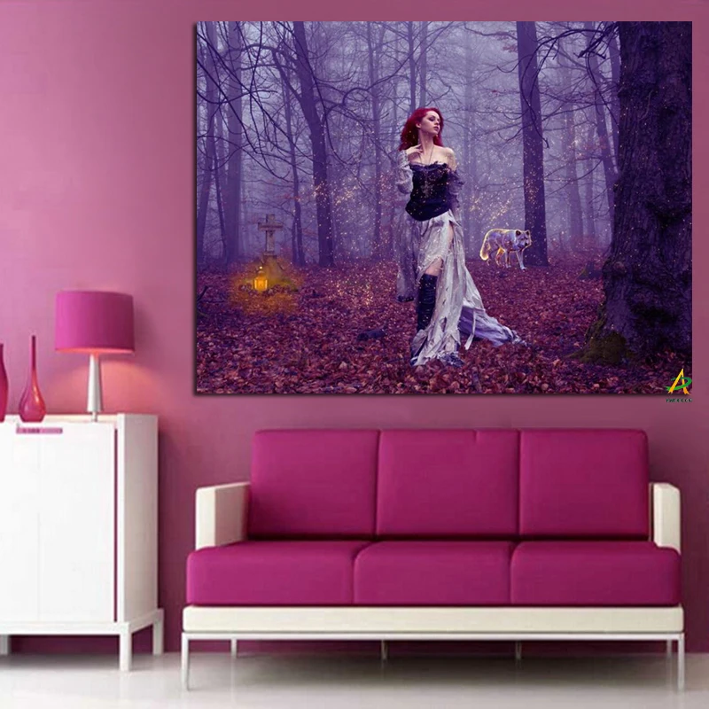 HD Print Beautiful Sexy Girl in Purple Forest Landscape Canvas Painting for Wall Picture for Living Room Poster Cuadros Decor