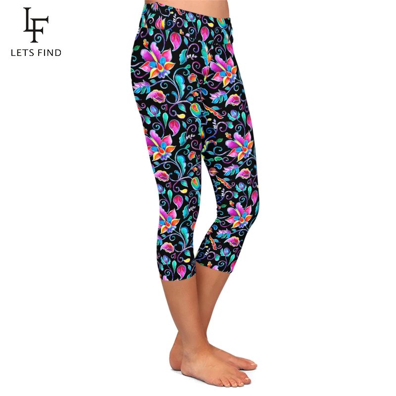 LETSFIND lato nowe kobiety czarne legginsy Capri wysokie elastyczne mleko jedwabne kwiaty drukuj wysokiej talii Fitness Casual połowy łydki legginsy