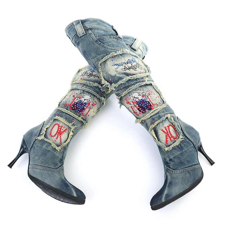 2024 New Retro Pointed Toe Denim Boots Women Winter Warm Jean Shoes Woman High High Botas Mujer Rhinestone Knee High Boot