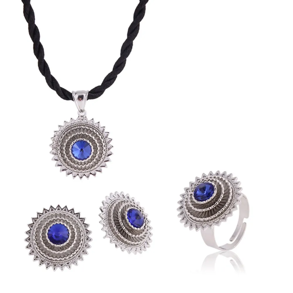 Sky talent bao New Arrival Sliver Color Ethiopian Jewelry sets With Bule/Green/Red Stone African Gift Habesha Jewelry Gift