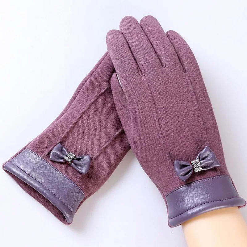 2017 Elegant Plush Female Lace Leather Wrist Bow Tie Gloves Winter Sports Fitness Women Phone Touch Screen Mittens Gloves 13D