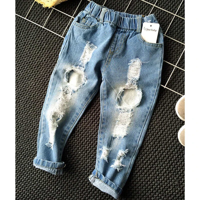 1-8yrs School Boys Clothes Children Broken Hole Jeans Pants New 2021 Baby Girls Jeans Pants Brand Trousers Fashion Jeans