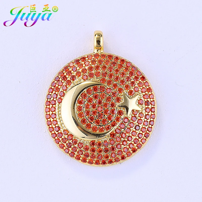 Juya Handmade Religious Jewelry Supplies Micro Pave Zirco Turkish Flag Crescent Moon Pendant Necklace For Muslim Allah Jewelry