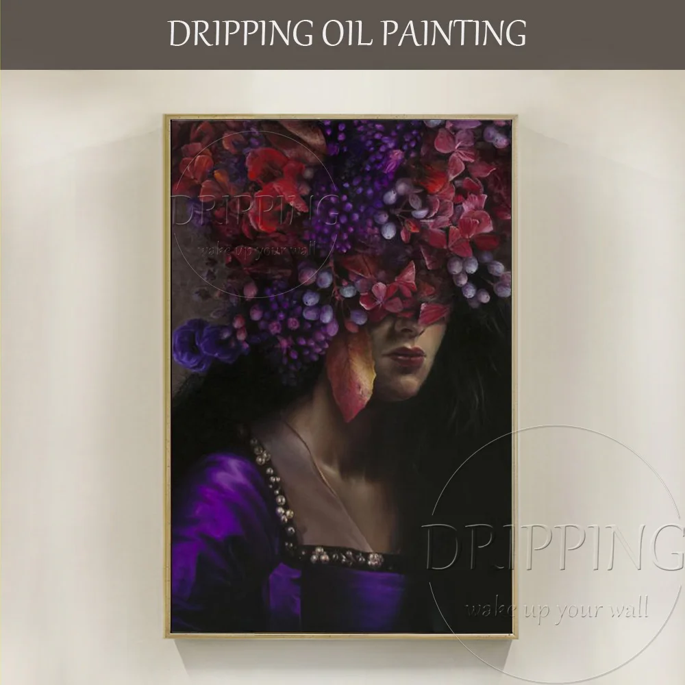 

Best Artist Hand-painted High Quality Realist Lady Portrait with Flowers Oil Painting Unique Design Figure with Floral Painting