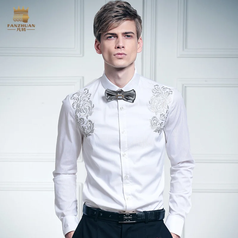 

Fanzhuan Free Shipping New fashion casual male Men's spring embroidered flowers white shirt Silver Palace design 612025