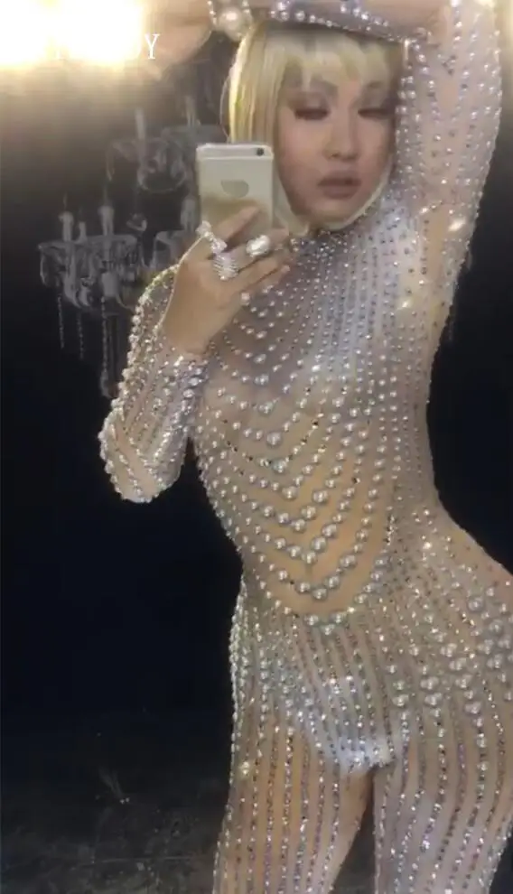 Sparkly Rhinestones Pearls Sexy Jumpsuit Nightclub DS Performance Party Celebrate Bright Bodysuit Nude Stretch One-piece Outfit