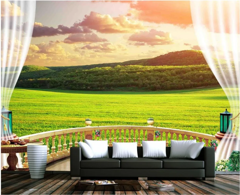 

Custom photo wallpaper Forest Balcony prairie sunset clouds sun TV backdrop mural wallpaper Home Decoration