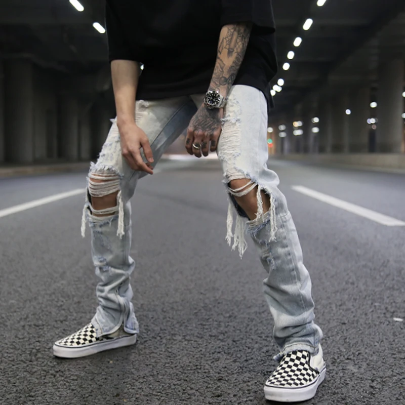 Jeans en denim déchirés pour hommes avec fermeture éclair astronomique, jeans de motard minces, déchirés, détruits, trous au genou, streetwear, pantalons hip hop, joggeurs, nouvelle mode