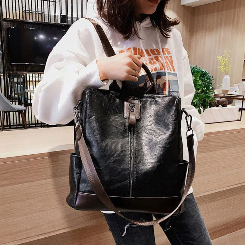 Vintage Women Leather Backpack Multifunction Soft Shoulder Bag For Female Big Bookbag Travel Bag Patch Sac A Dos Mochila XA279H