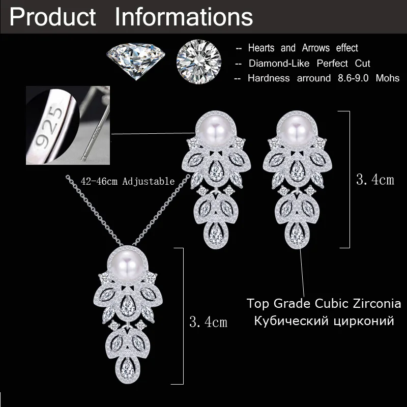 CWWZircons 2022 Fashion Brand Long Feather Dangle CZ Crystal Silver Plated Pearl Necklace Earrings Jewelry Sets for Women T164