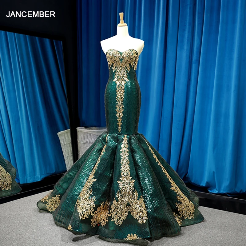 J66787 jancember sereia vestido de noite strapless rendas vestido formal verde glitter dourado brilhante вечернее платье 2019 блестящие