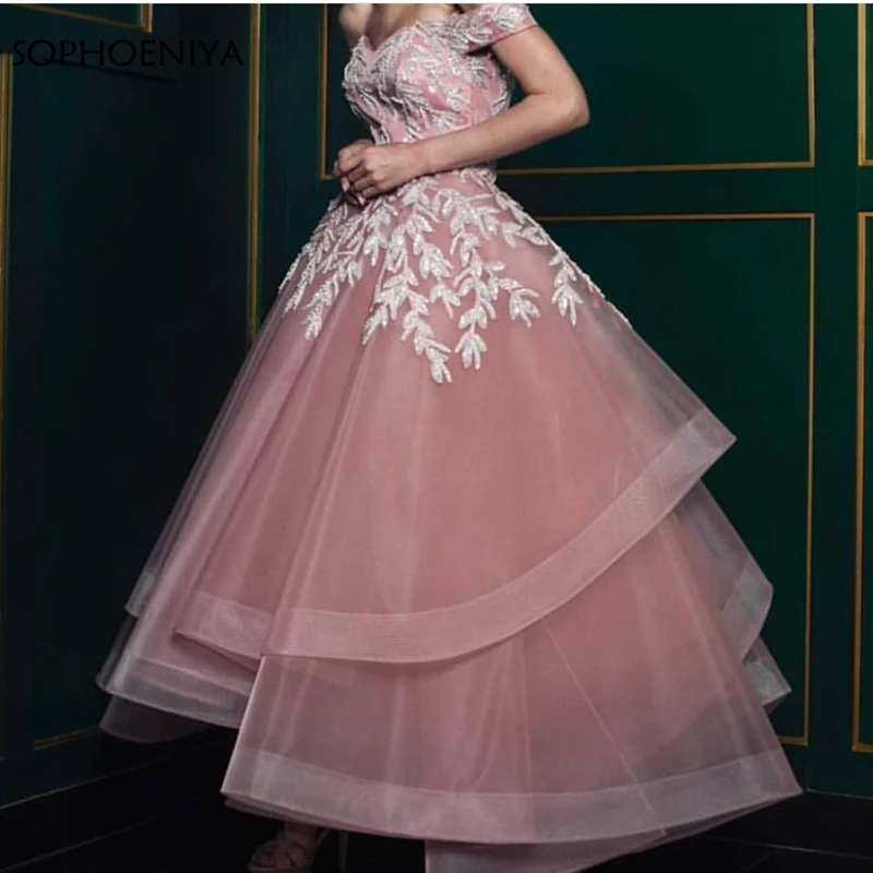 New Arrival V Neck Pink muslim evening dress 2024 Lace Beaded Crystals Tea length evening gown Prom Party dress