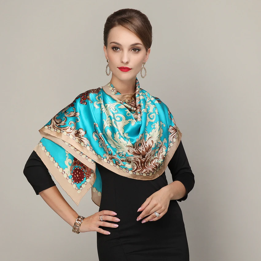 Cachecois Women Blue Silk Scarf Bronzing Printing Autumn And Winter Hot Sale Ladies Pure Silk Long Scarf Foulard All-Match Blue