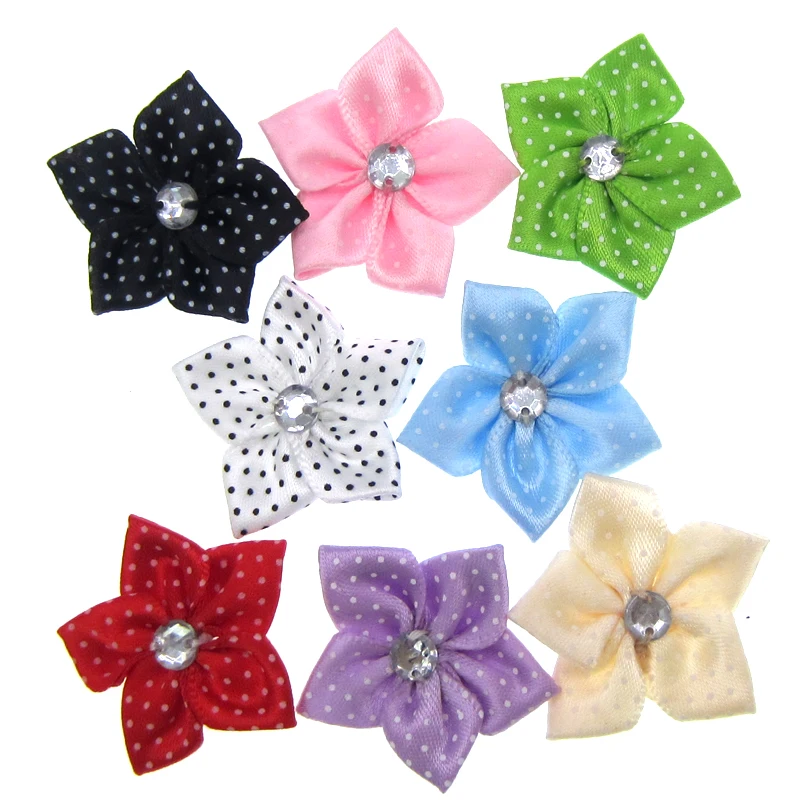 30Pcs Handmade Mixed Satin Dot Ribbon Flower Acryl Rhinestone Fabric Flowers Applique Craft Wedding Decorations 3.5cm