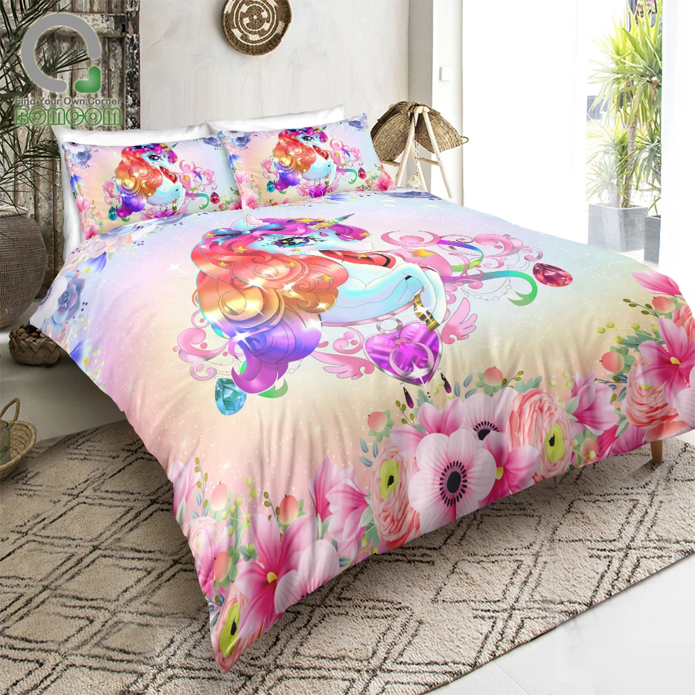 BOMCOM 3D Digital Printing Bedding Set Crystal Heart Gem Unicorn in Flowers 3-Piece Duvet Cover Sets 100% Microfiber