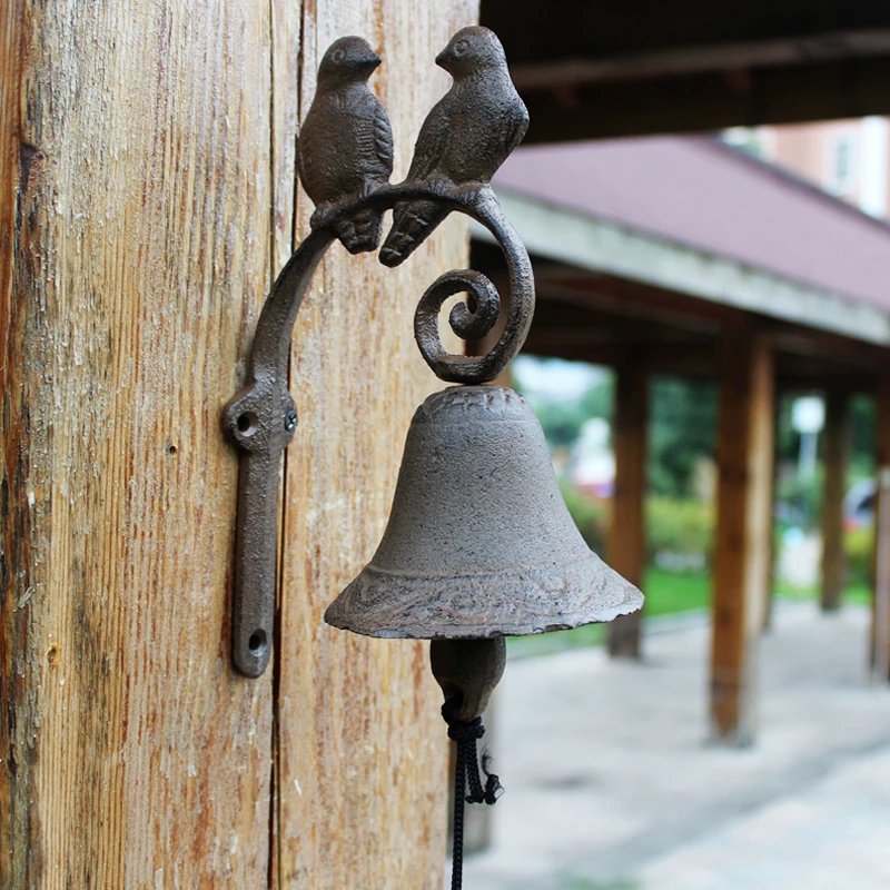 Couple Birds On Branch Cast Iron Wall Mounted Bell Antique Rustic Gold Home Garden Heavy Metal Hand Cranking Welcome Door Bell