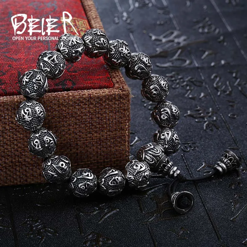 BEIER Fashion Men\'s High Polished Stainless Steel Buddhism Mantra Bracelet Bring Jewelry BC8-029