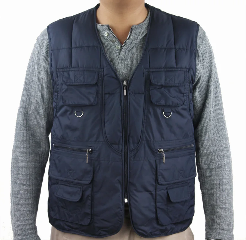 Plus size 4XL Professional custom Fall / Winter in the elderly vest, cotton vest multi pockets, dark blue size L-XXXL