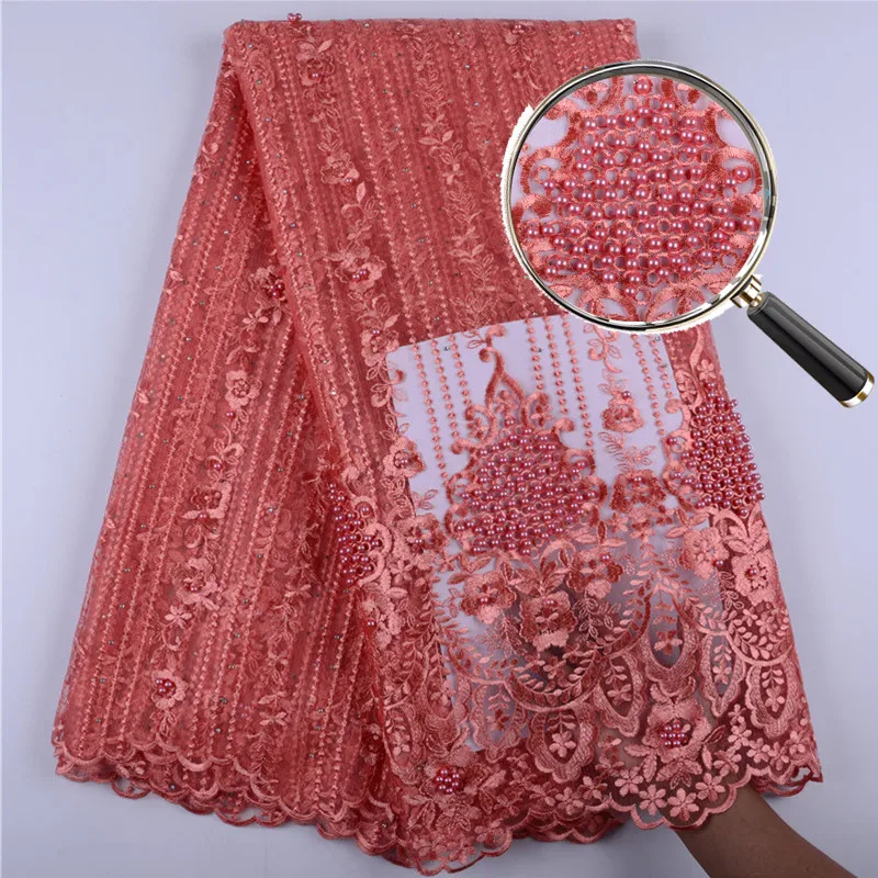 Classical African Mesh Lace Fabric High Quality Nigerian Tulle Lace French Net Lace With Beads And Stones For Party Dress S1399