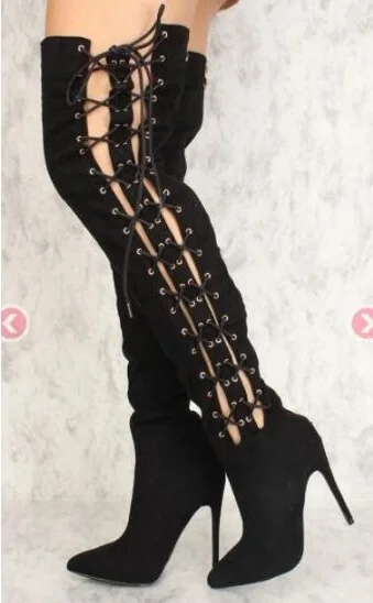 

Latest New Brand Woman Sexy Black Pointed Toe Cuts Out Gladiator Lace Up Over The Knee Thigh Long Boots Thin Heels Slim Boots