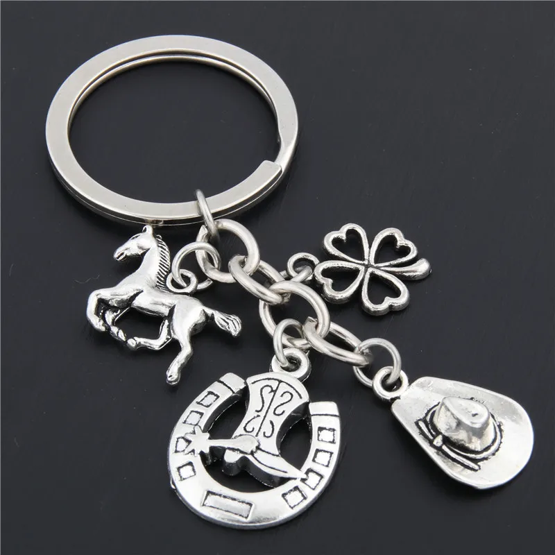 1pc Clover Charms Boot Keychain Cowboy Hat Keyring With Horseshoe Pendant Jewelry Cowboy Gift E1660