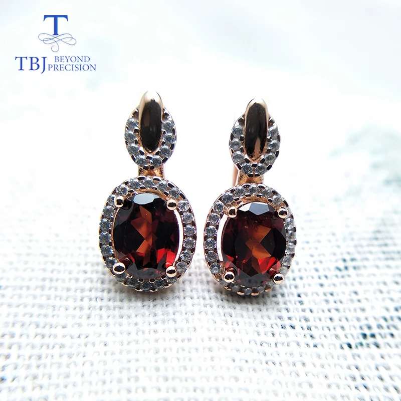 TBJ 925 silver earring clip with natural Mozambique Garnet ov6*8,natural garnet earring for women with gift box ,free shipping