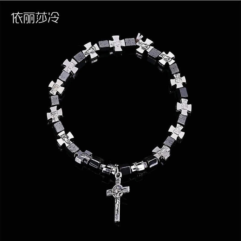 Classic Jesus Cross Rosary Bracelet, Hematite Bracelet, St. Benedict Beaded Prayer Bracelet, Sacred Mercy Bracelet